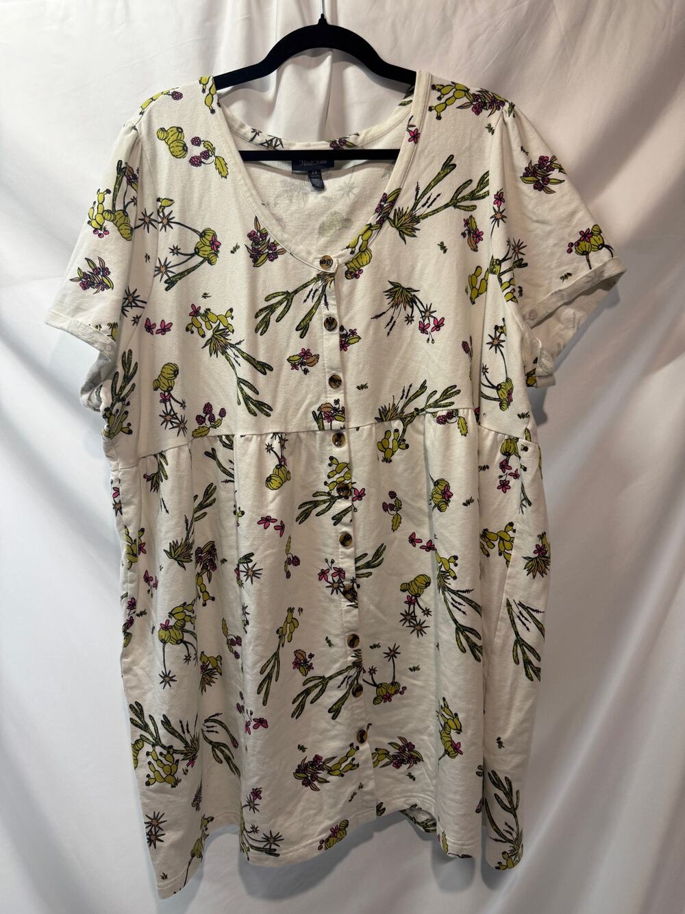 ModCloth 2X Cactus Botanical Print Babydoll Tunic Dress Button Front